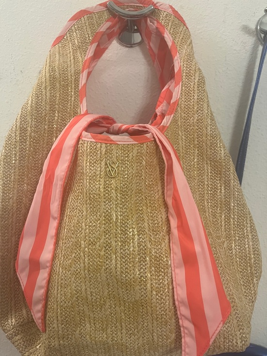 Victoria Handbags - Victoria’s Secret Reversible Straw Tote Beach Bag Pink White Stripes NWT